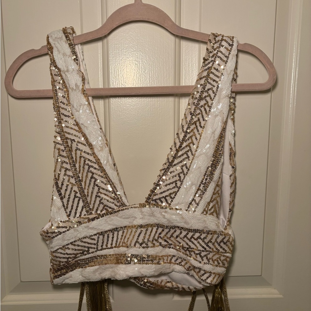 Gold and white sequin top with tie tassel belt - Picture 4 of 6